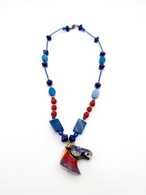 Vintage Rare Cloisonné Horse Pendant Necklace - Cinnabar and Lapiz Beads